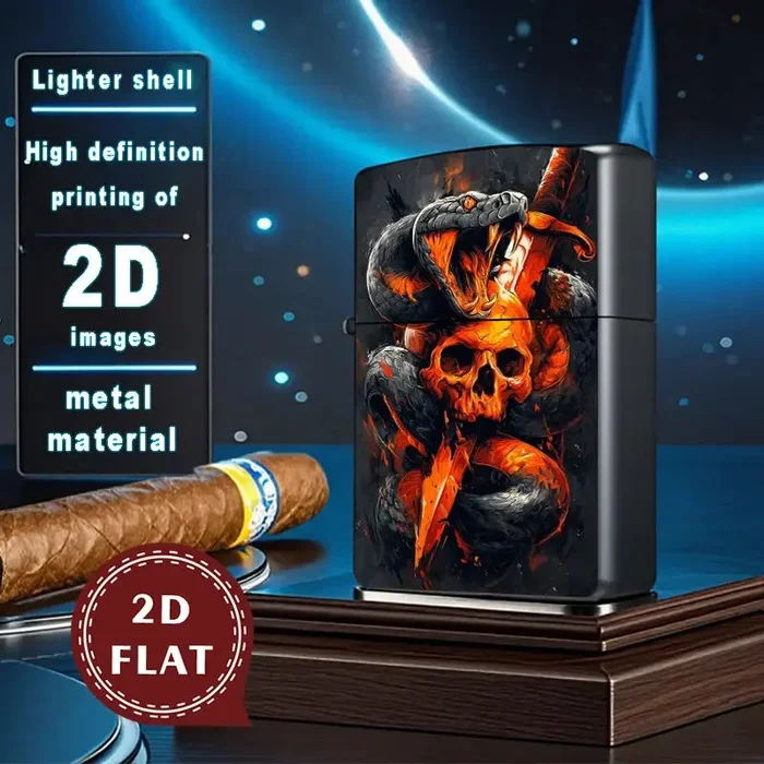 2D Flat Fiery Snake with Skull Art Retro Lighter Shell