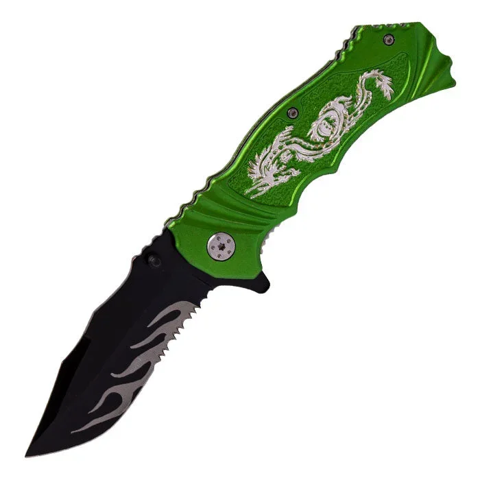 8″ Green Dragon Print Foldable Pocket Knife