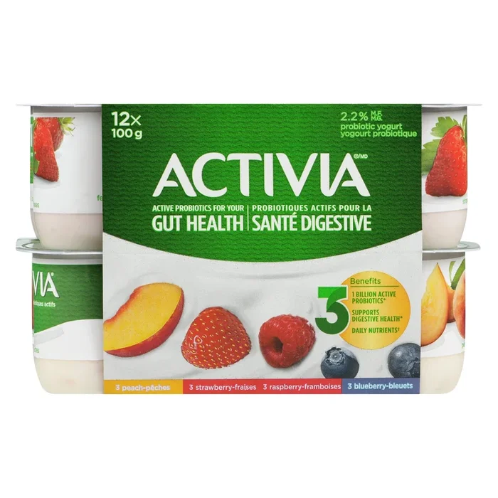 Activia Probiotic Yogurt Peach Strawberry Raspberry Blueberry 2.2% M.F., 12-Pack