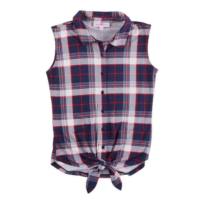 BELLA & BIRDIE Girls’ Pool Party Sleeveless Plaid Knotted Top