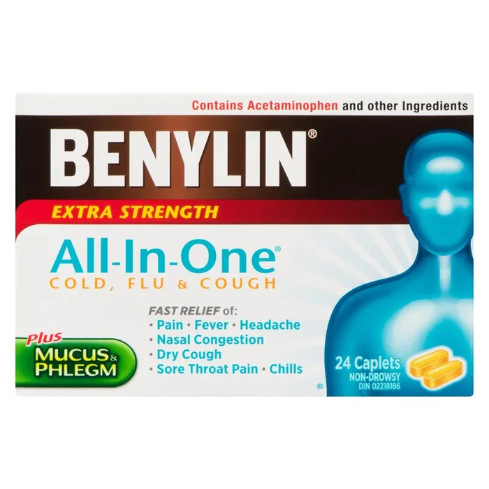 Benylin All-In-One Cold, Flu & Cough Extra Strength Caplets, 24-Pack