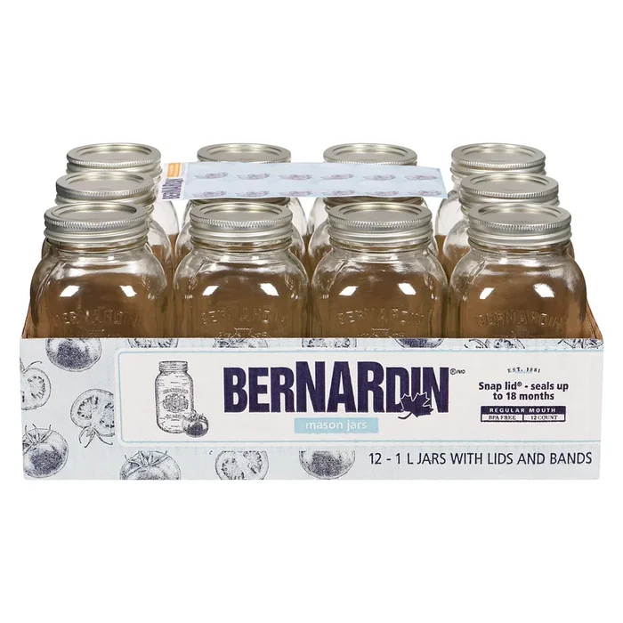 Bernardin Snap Lid Mason Jars Regular Mouth, 1 L, 12-Pack