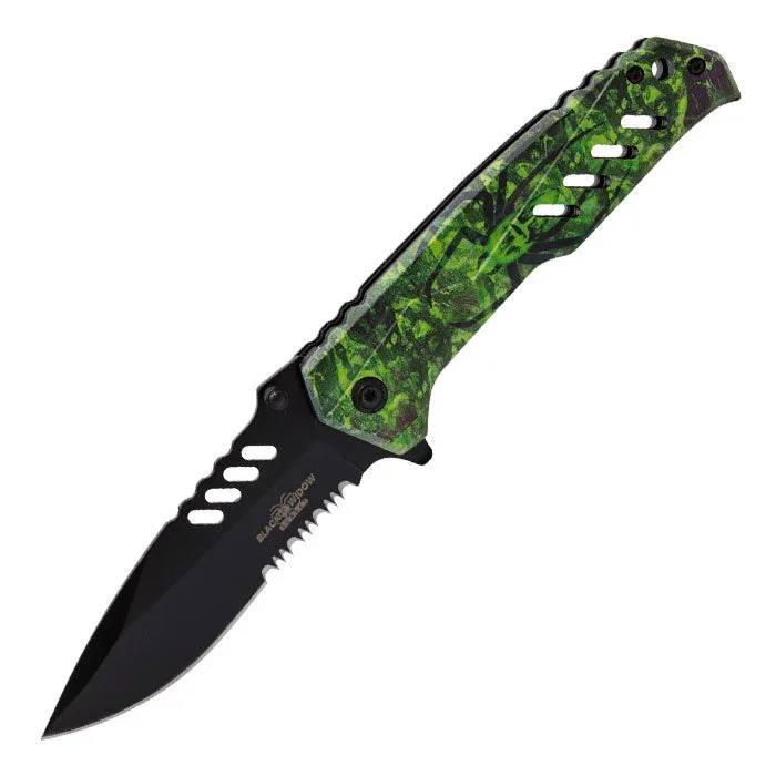 Black Widow – 8″ Green Spider Print Foldable Pocket Knife
