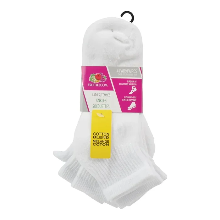 Fruit of the Loom Women’s Ankle Socks, 4 to 10, White, 4-Pack