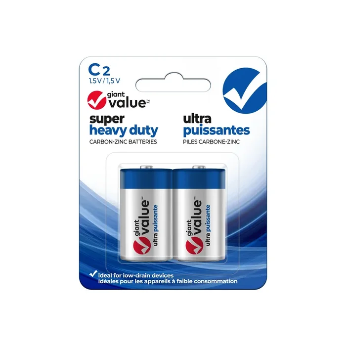 Giant Value Super Heavy Duty C Batteries, 2 Pack