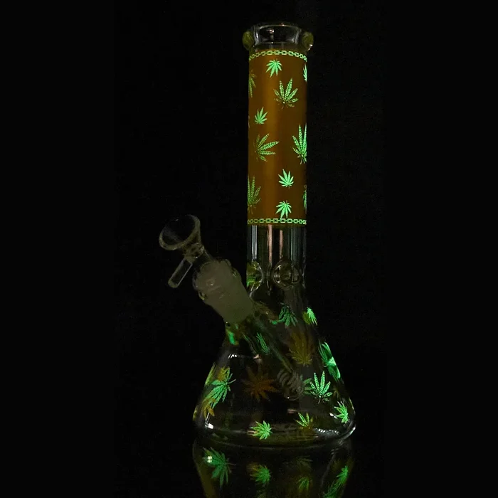 Hemp Leaf Large Glow Beaker Water Pipe