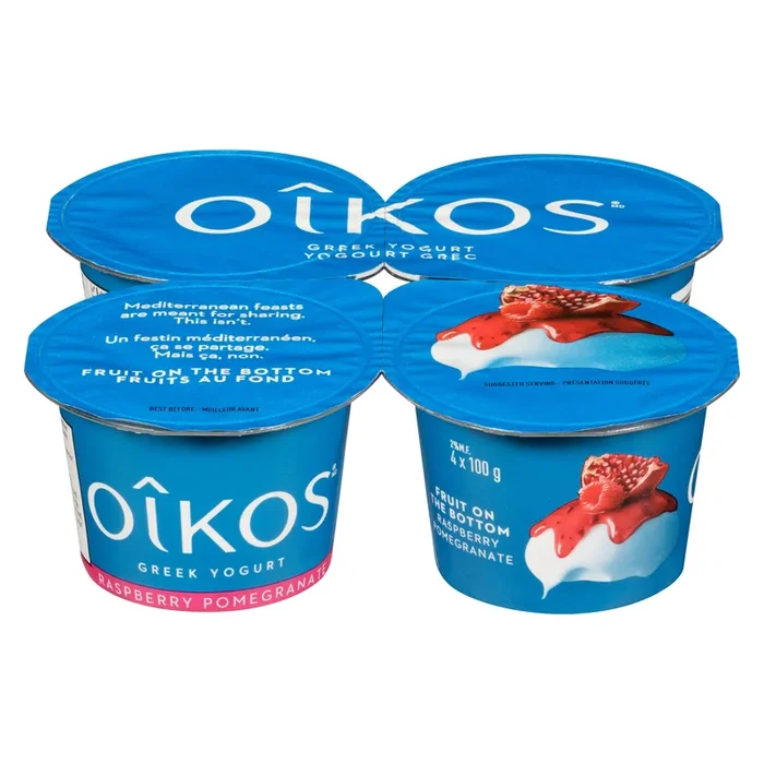 Oikos Raspberry Pomegranate Greek Yogurt 2% M.F., 4-Pack, 100 g