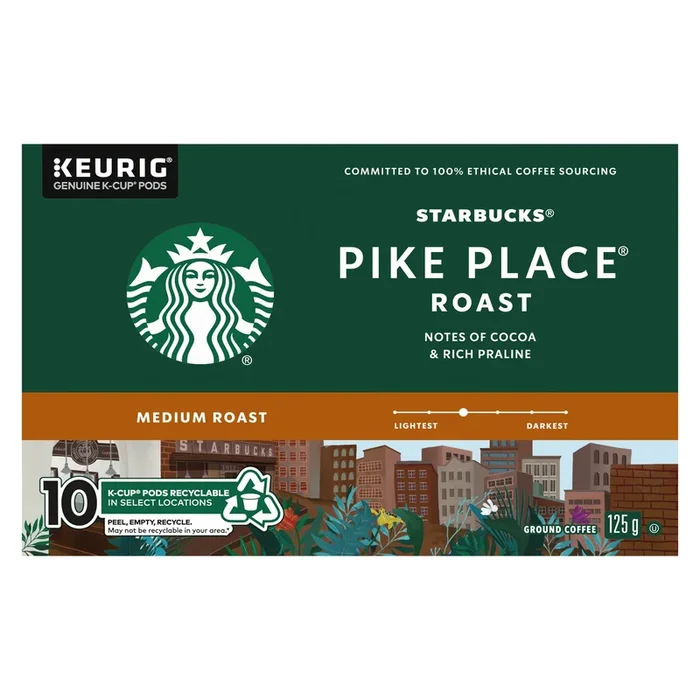 Starbucks Medium Roast Ground Coffee Pike Place Roast K-Cup Pods 10pk. – 125g