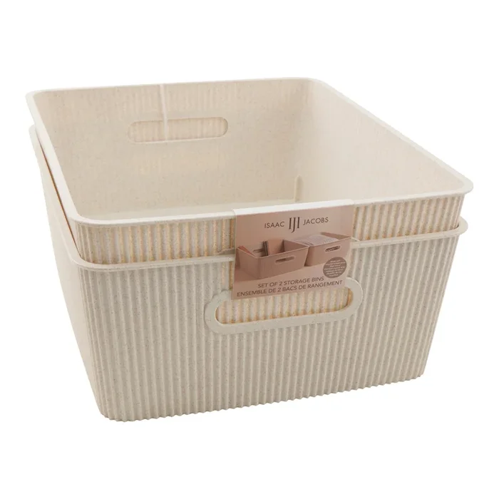 Storage Bins, Large, 14-in x 12-in x 5-in, Beige, 2 Pack