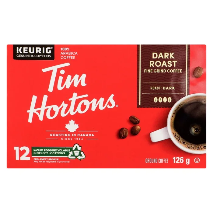 Tim Hortons Fine Grind Coffee Dark Roast Recyclable K-Cup Pods 12pk. – 126g