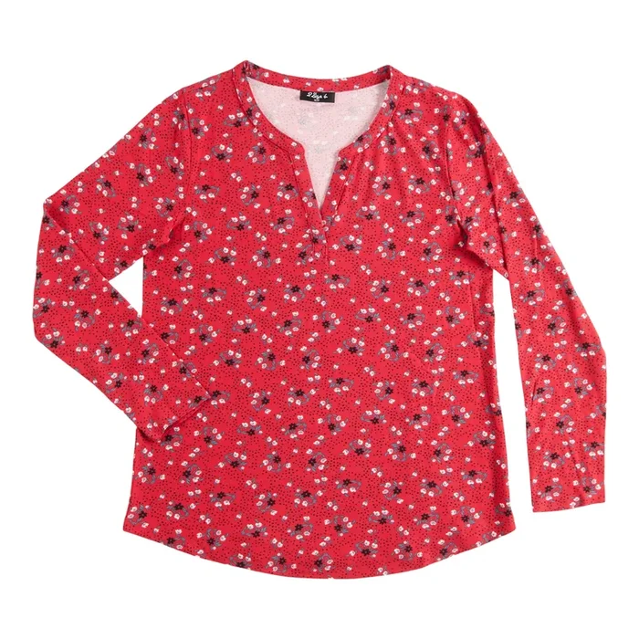 Women’s Long Sleeve Printed Split V-Neck Top, Pink