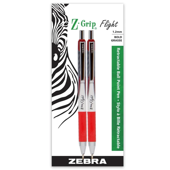 Zebra Z-Grip Flight Retractable Ball Point Pen, 1.2mm, Red, 2-Pack
